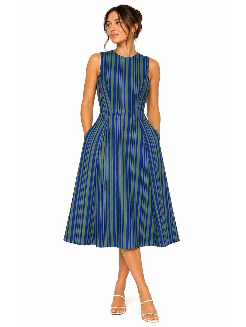 COS Striped Midi Dress - Blue & Green - Structured A-Line - Size 4